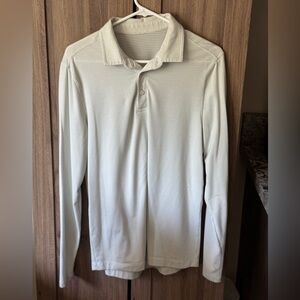 Lululemon men’s Evolution Long Sleeve Polo size small in white/grey micro stripe